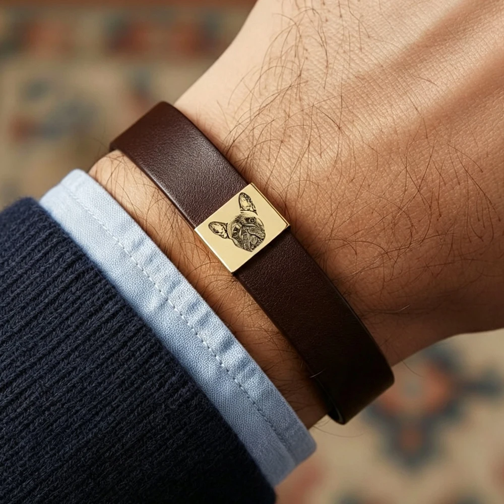 Personalized Custom Photo Engraved Bracelet 2-sided custom Leather Bracelet Figure Pet Portrait Custom Jewelry Father's Day Gift