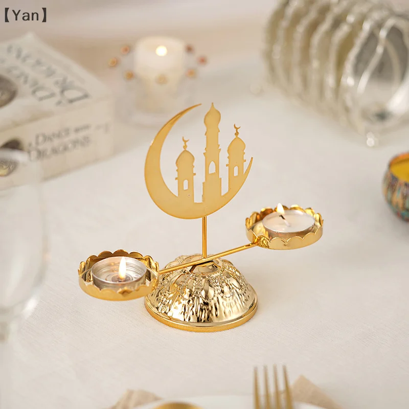 Ramadan Decoration Eid Mubarak Candles Holder Gold Metal Candlestick Muslim Festival Party Home Dining Table Ornament Craft