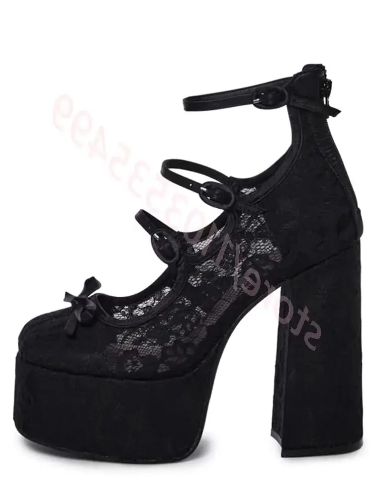 

2025 Platform Mesh Bow Thick Heel Mary Janes New Party Casual Hollow Belt Buckle Pumps Sexy Fashion Catwalk Stage High Heels