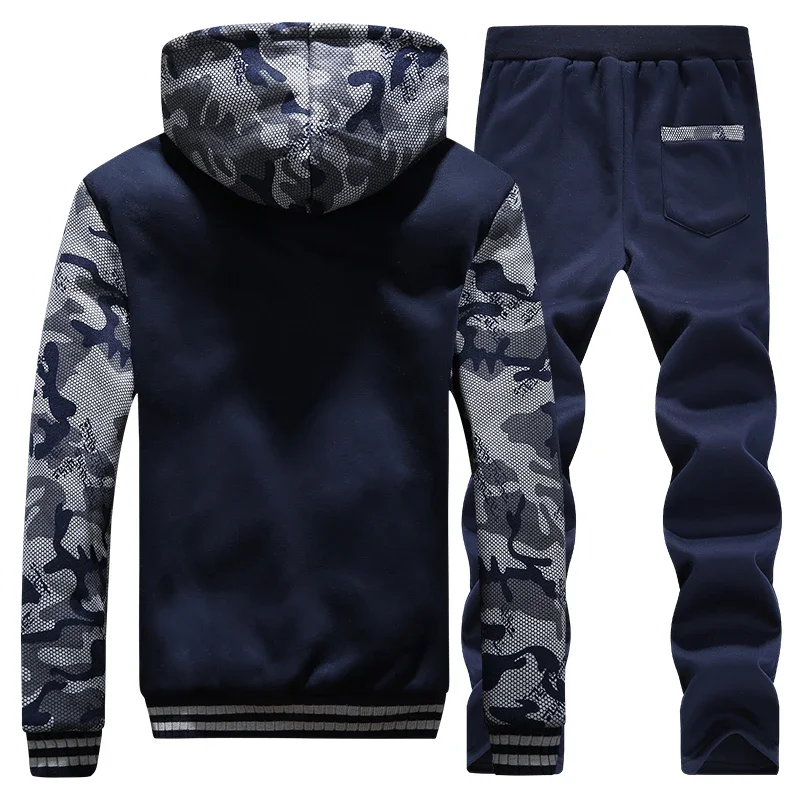 2022 Fleece Winter Tracksuit Men Set Streetwear Mens Hoodie Sets Camouflage Thick Hooded Jacket Male Patchwork Moleton Masculino