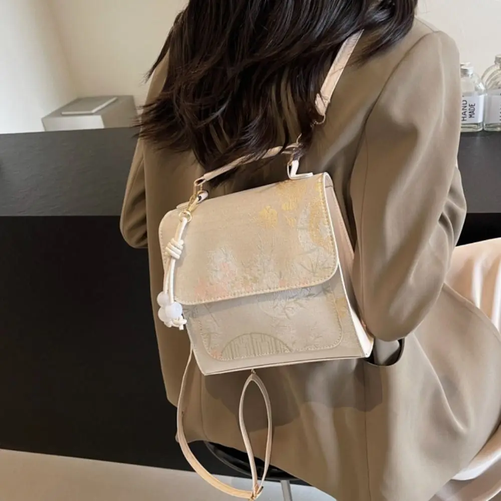 Temperament Large Capacity Embroidery Pu Backpack Sweet French Chinese Style Daypack Bead Pendant Square Backpack Women