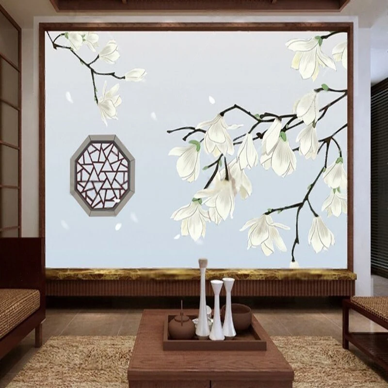 

New Chinese-style meticulous hand-painted magnolia flowers living room TV luxurious home decoration bedroom background wall