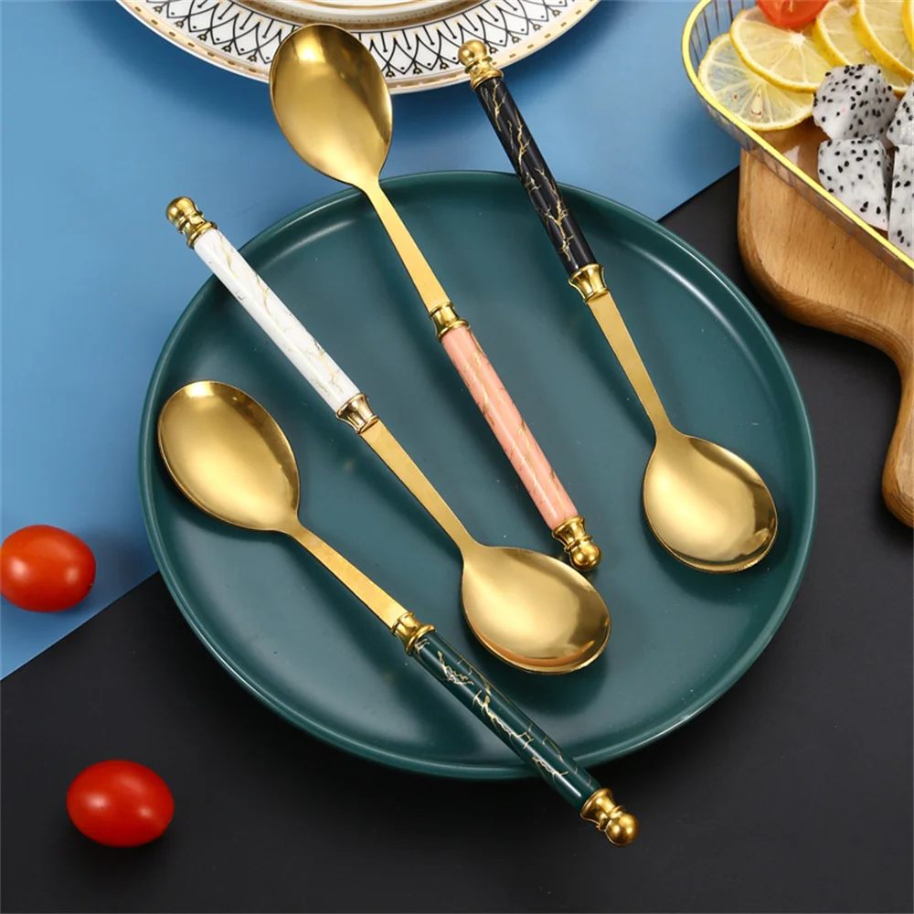 Dessert Spoon Colored Stainless Steel Nordic European-style Wholesale Tableware Handle Spoon Imitation Ceramic Marble Pattern