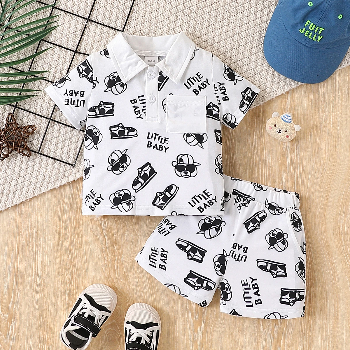 Baby Boys 2-Piece Fashionable Print Collar Pocket Decoration Short-Sleeved Top And Shorts Set for Summer
