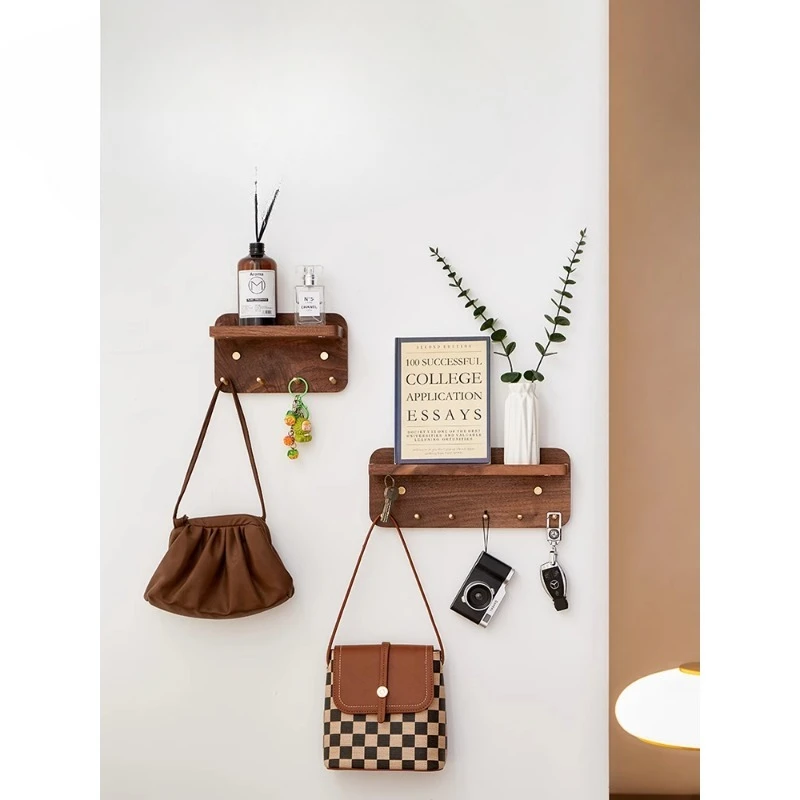 

Black walnut key storage brass hook porch storage rack hanging on the wall entry door rack free of punching