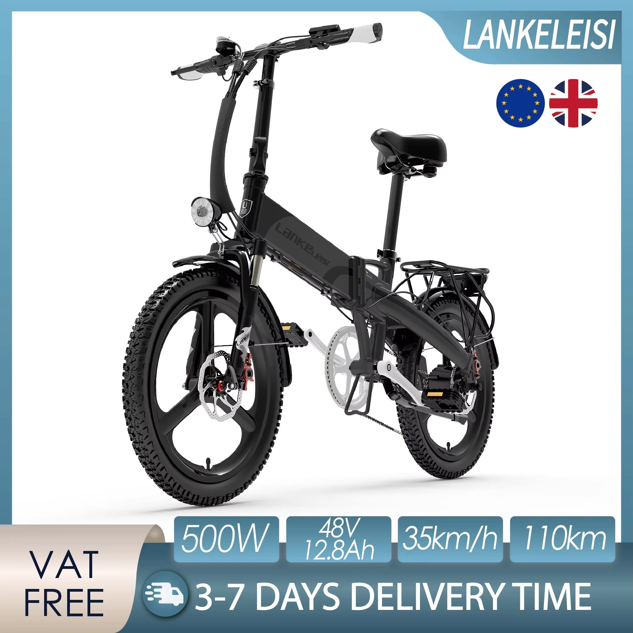 

LANKELEISI-Vélo Électrique Pliant de 20 чехлов для взрослых, мотер мощностью 500 Вт, литиевая батарея 48 В, 12,8 Ач