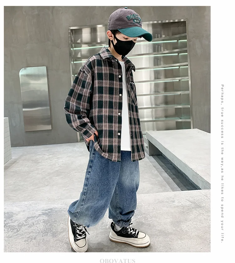 Frühlings-Herbst-Jungenhemd mit Karomuster und Tasche, Langarm, Koreanischer Casual-Stil, Baumwollbluse für größere Kinder, Coole Streetwear für Kinder – Detail 15