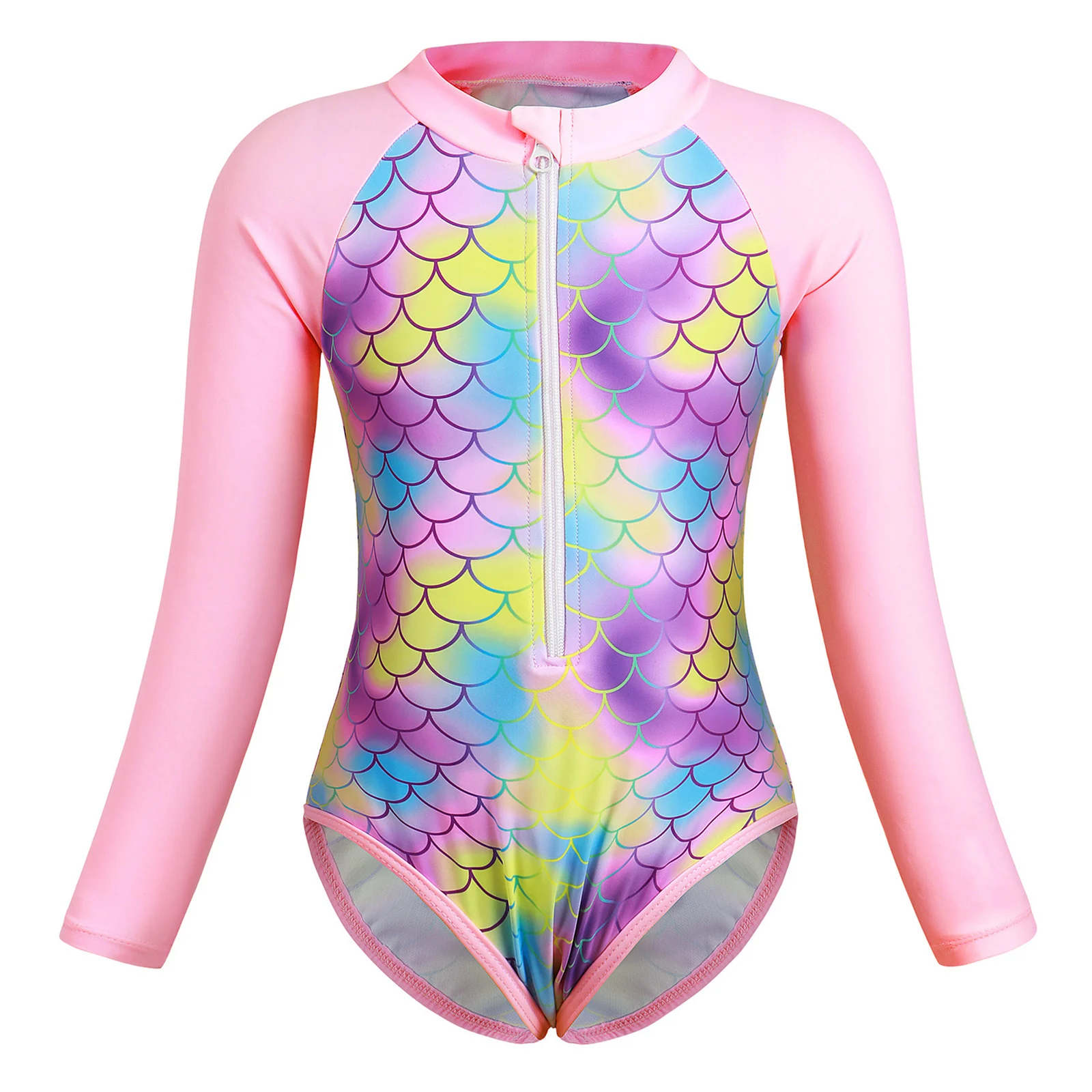 Children's Swimsuits 2024 Girls One-piece Mermaid Fish Scales Print Long Sleeve Bodysuit Swimwear Beach Surfing Bathing Suit