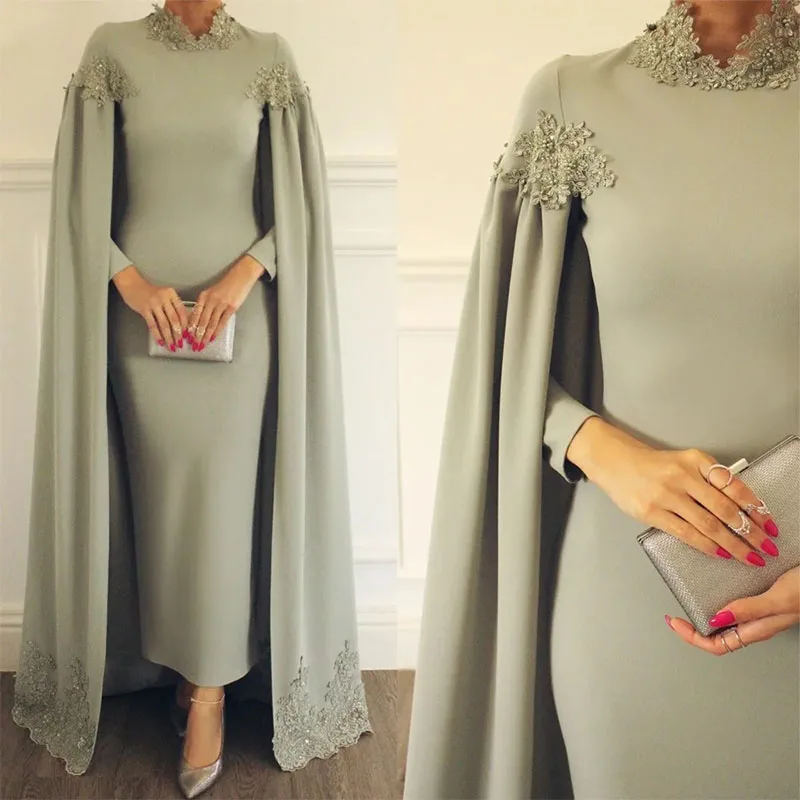 

2024 Arabic High Neck Muslim Evening Dress For Women Party Wrap Cape Lace Beaded Elegant Long Sleeve Satin Formal Occasion Gowns