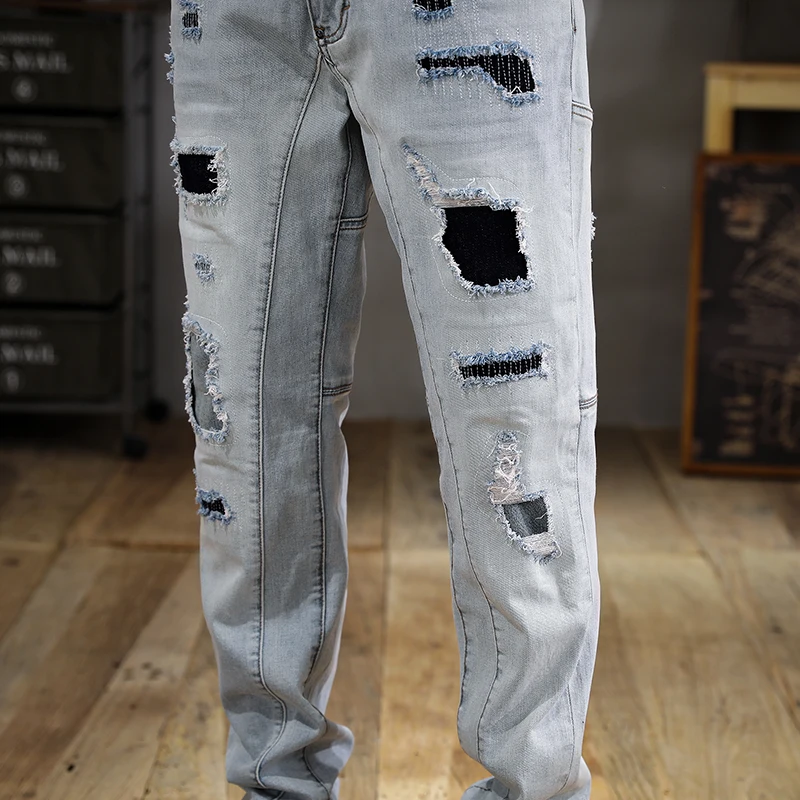 Summer Washed Wear-White Ripped Jeans Men\'s Slim Fit Straight Ankle-Tied Vintage Trendy Casual Street Motorcycle Trousers