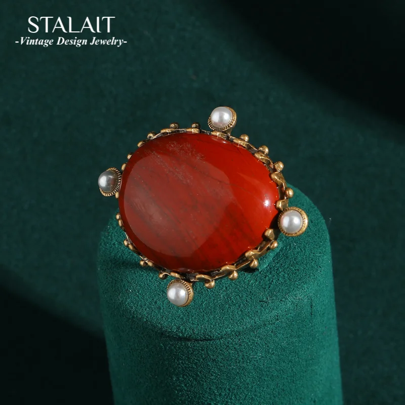 

Vintage Water Drop Red Rings Natural Coral Stone Pearls Wedding Bride Party Antique Jewelry Finger Accessories For Lady 2026 New