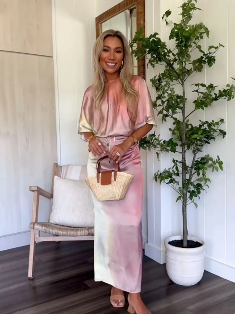 

HH Women Fashion Tie Dye Print Rear Zipper Party Dress Woman Summer Chic Belt Decorate O-Collar Short Sleeve Midi Dress