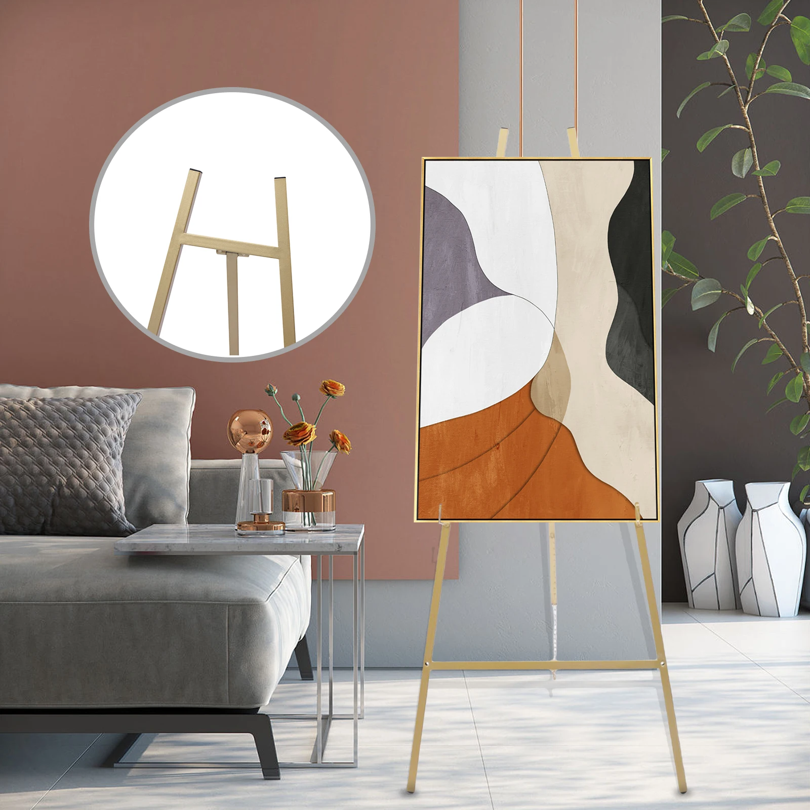 Gold Floor Easel Stand 5kg Load‑Capacity Adjustable Height Poster Display Stand for Wedding Welcome Sign Painting Exhibition Shop Mall Decor