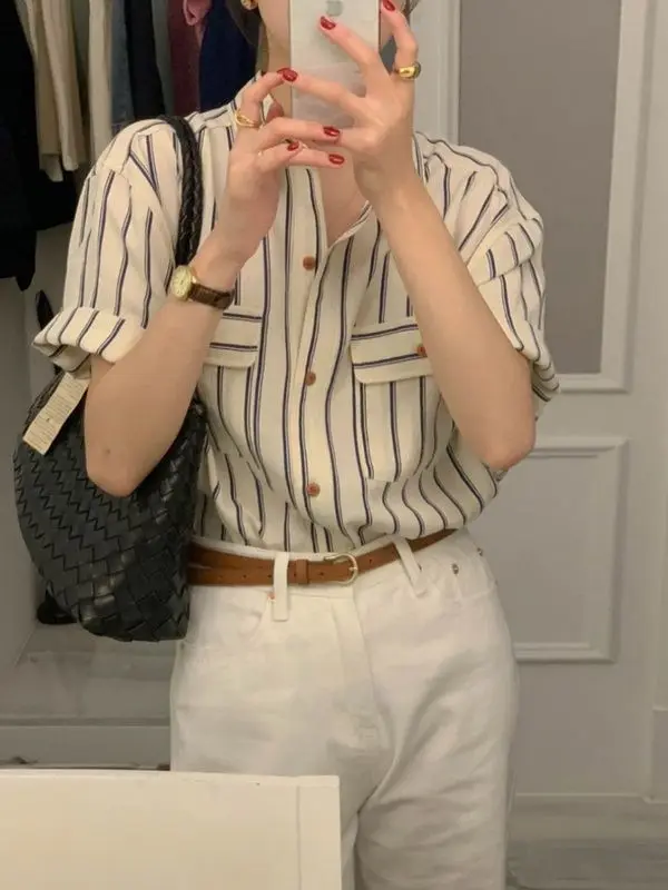 

French Vintage Korean Style Striped Short Sleeve Shirt