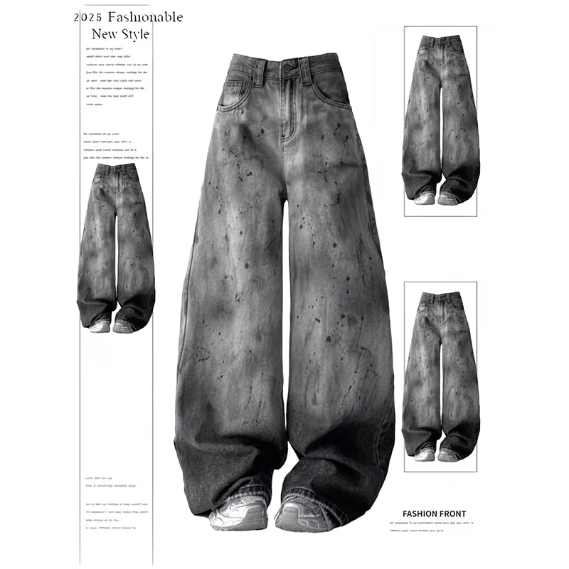 

ZHIZOU женские серые мешковатые джинсы Y2k винтажные джинсовые брюки в стиле Харадзюку с граффити японский стиль 2000-х годов гранж оверсайз джинсовые брюки осень