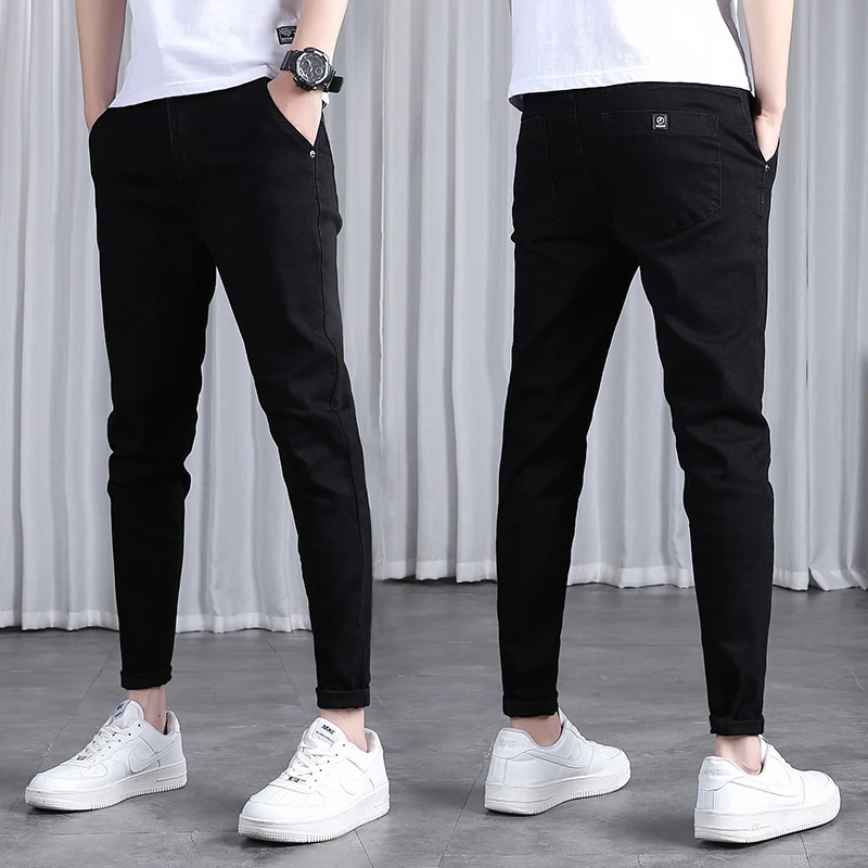 

Black Slim Fit Men's Jeans Trendy Korean Style Spring Autumn New Fashion Versatile Brand Nine Point Pants mid Waist Zipper