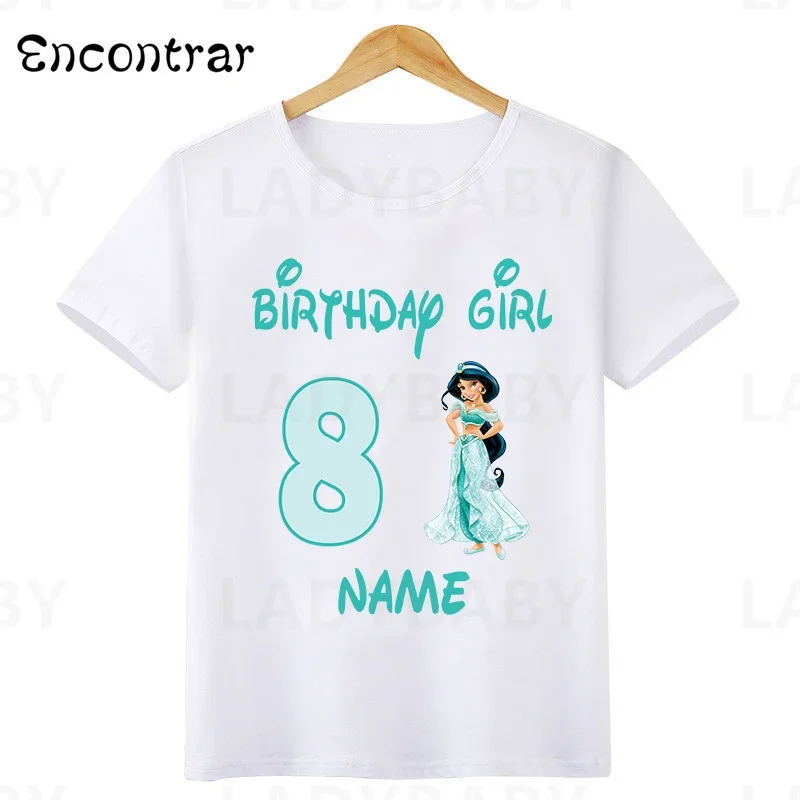 Disney Princess Jasmine Print Birthday Girl T shirt Kids Clothes 1 2 3 4 5 6 7 8 9 Years Baby Girls Aladdin T-Shirts Party Tops