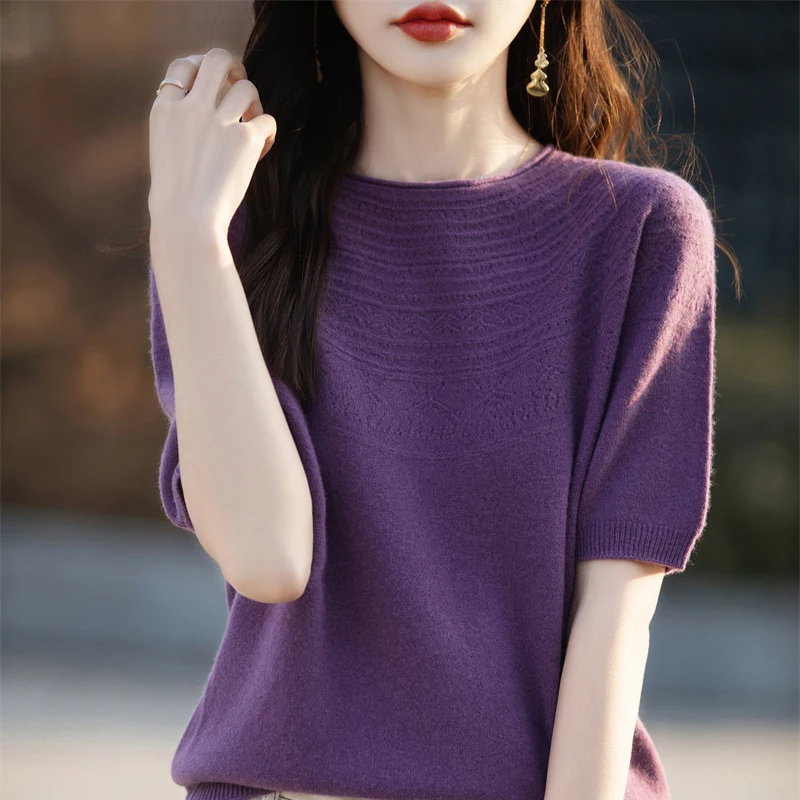 Knitted Short Sleeve Shirt for Women Summer Thin Solid Color Korea Fashion O-Neck Pullover Elastic Casual Tee Crop Tops Girl