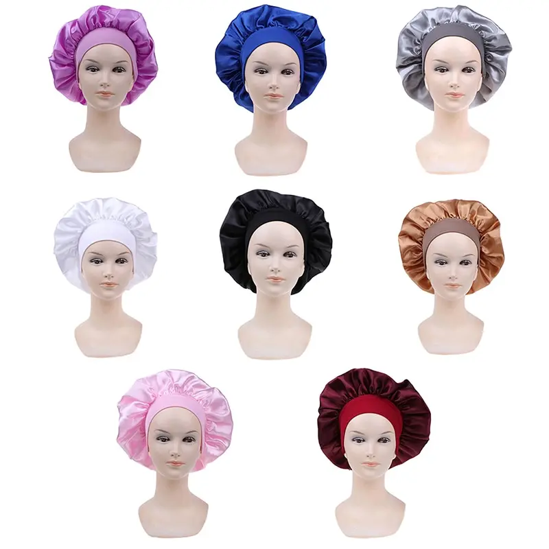 58cm longo cuidados com o cabelo feminino satin bonnet boné noite sono chapéu cabeça de seda envoltório ajustar tampões de banho de malha boné cor sólida