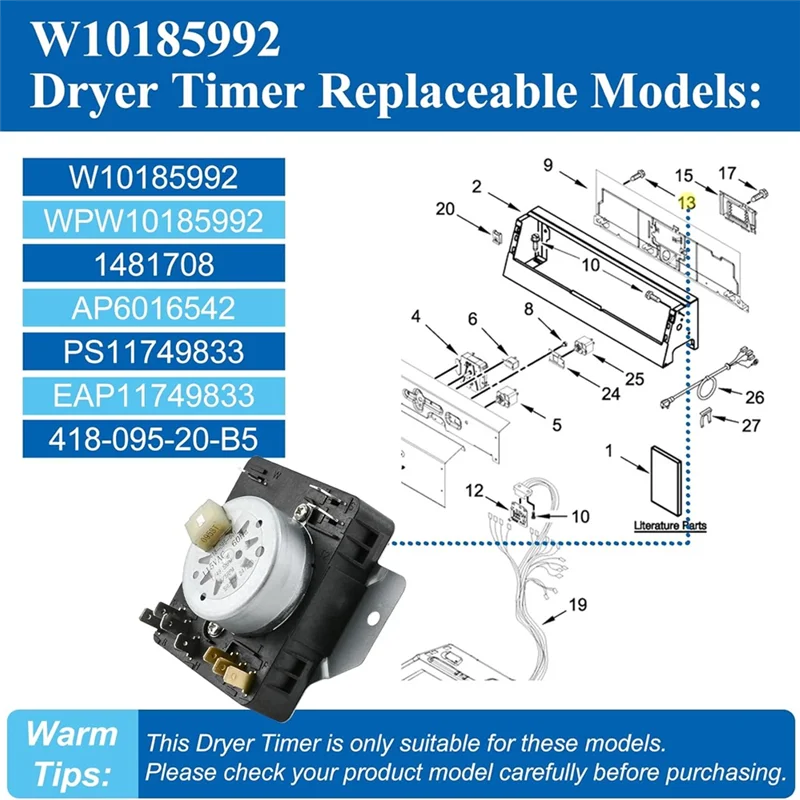 ABWM-For Maytag Dryer Timer Replacement W10185992 418-095-20-B5 MEDC465HW0 MGDC465HW0 For Whirlpool WGD5000DW2 view 4