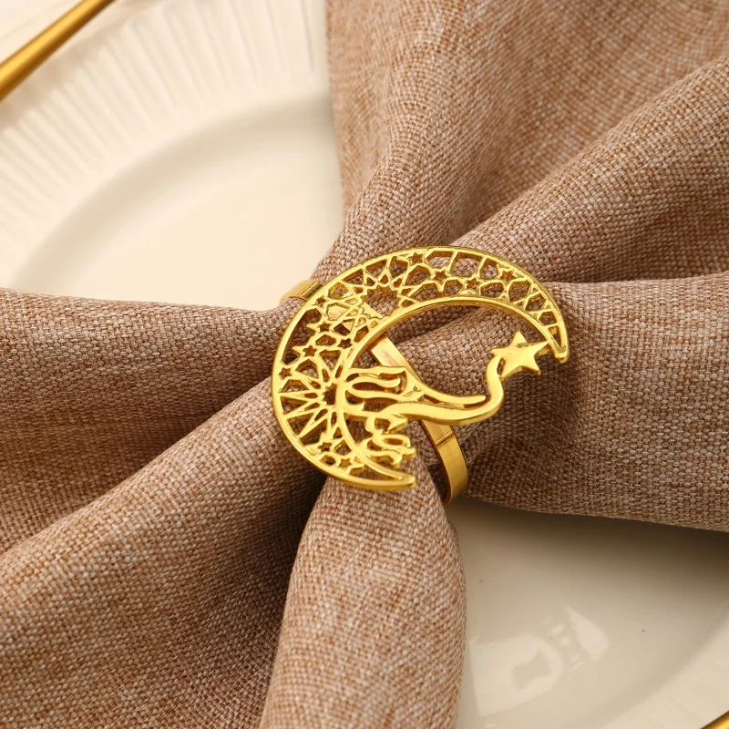 Metal Napkin Rings Eid Ramadan Hollow Moon Pattern Napkin Holder Wedding Dinner Napkin Buckles for Table Decoration