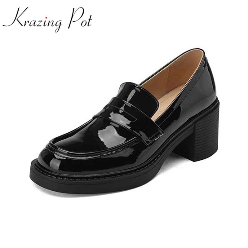 Krazing Pot Cow Leather Thick High Heels Mature Lady Plus Size 43 Round Toe Women Autumn Shoes Preppy Style Beauty Vintage Pumps