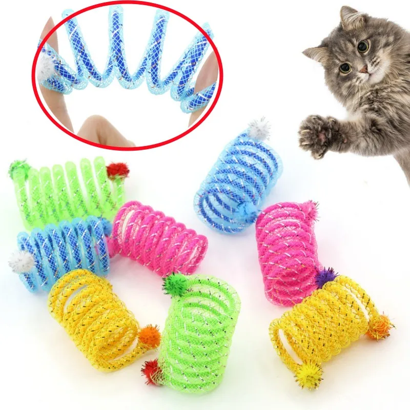 Cat Toys Colorful Spring Cats Stick Interactive Cat Toy Bite Resistant Elastic Wool Ball Spring Toys for Cats Tease Pet Supplies