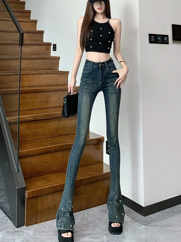 Heavy Industry Nail Bead Hot Drilled Jeans Women in Autumn Hip Lifting High Waist Slim Floor Dragging Micro flared Pants