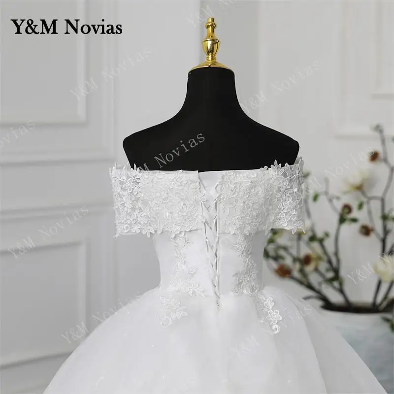 Y&M Novias Customized Off Shoulder Plus Size Vestido De Noiva Wedding Dress Long Train or Floor Appliqe Bridal Tulle Mariage