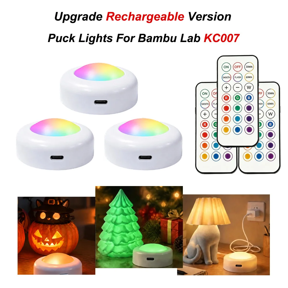 Upgrade For Bambu Lab Rechargeable Type C Puck Lights Remote RGBW Bambu Lab KC007 Wireless 12Color Round LED Lamp Kit Timer LED