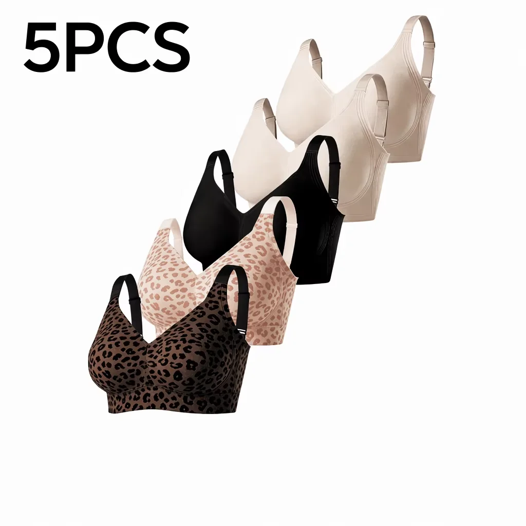 5Pcs Solid Color Seamless Wireless Bra, Full Coverage Push Up Bralette Anti-Sagging Breathable Soft Thin Cup With Adjustable Straps For Sports Yoga Daily Wear
