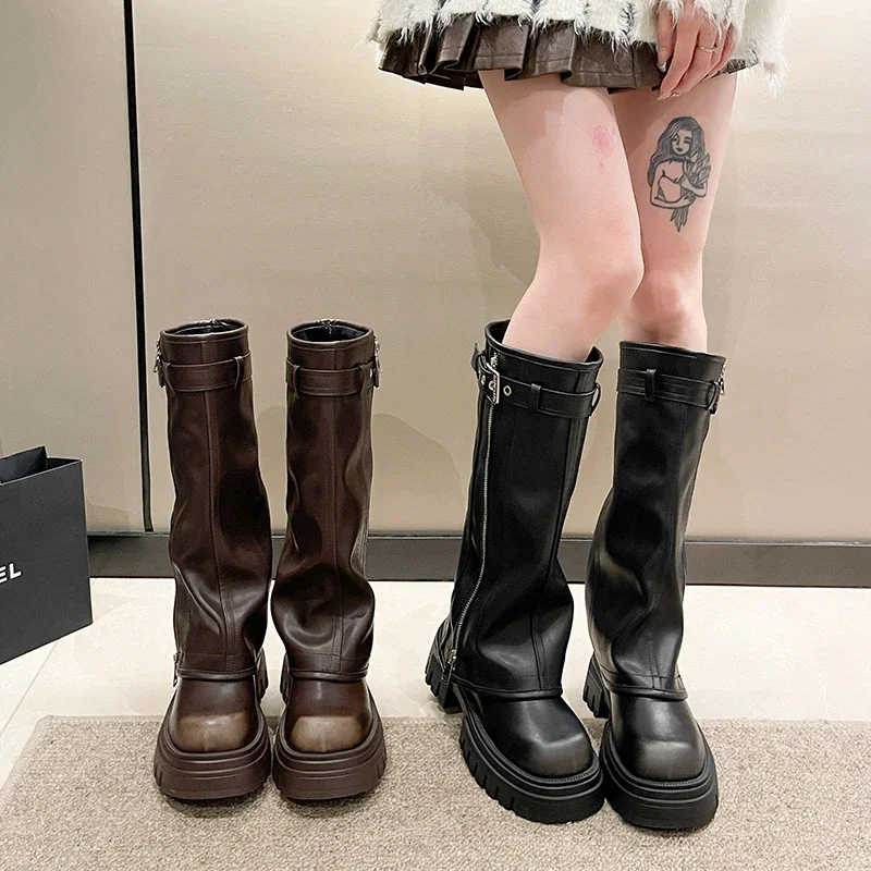 

Autumn and Winter New Women's Thick Soled Height Increasing Long Boots, Fashionable Belt Buckle Round Head High Leg Pants Boots
