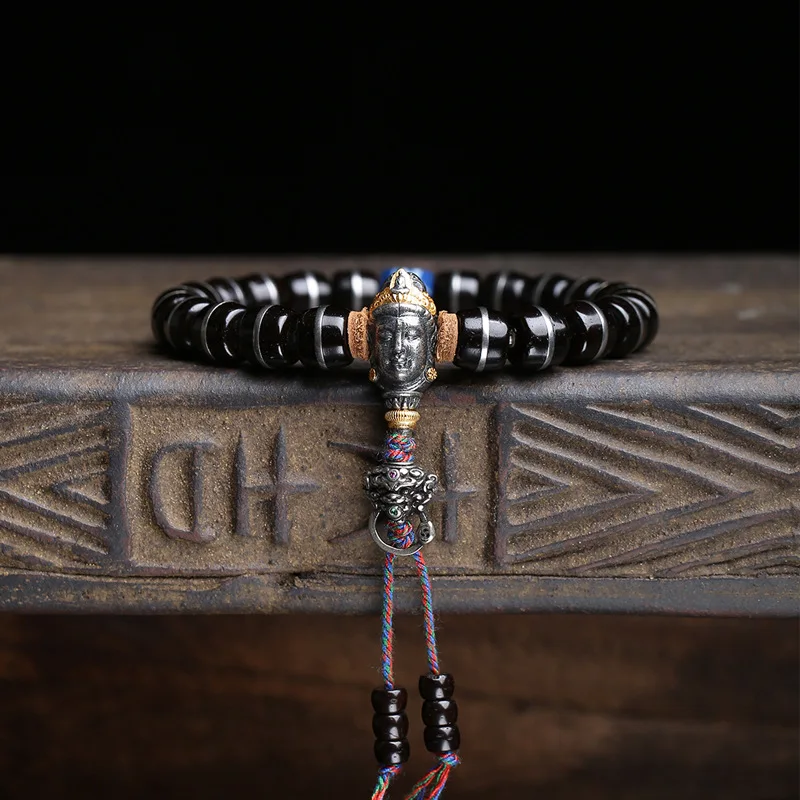 Chinese Style Natural Black Gold Coconut Shell Beaded Bracelet Copper Inlaid Buddha Pixiu Charm Agate Lucky Blessing Jewelry For