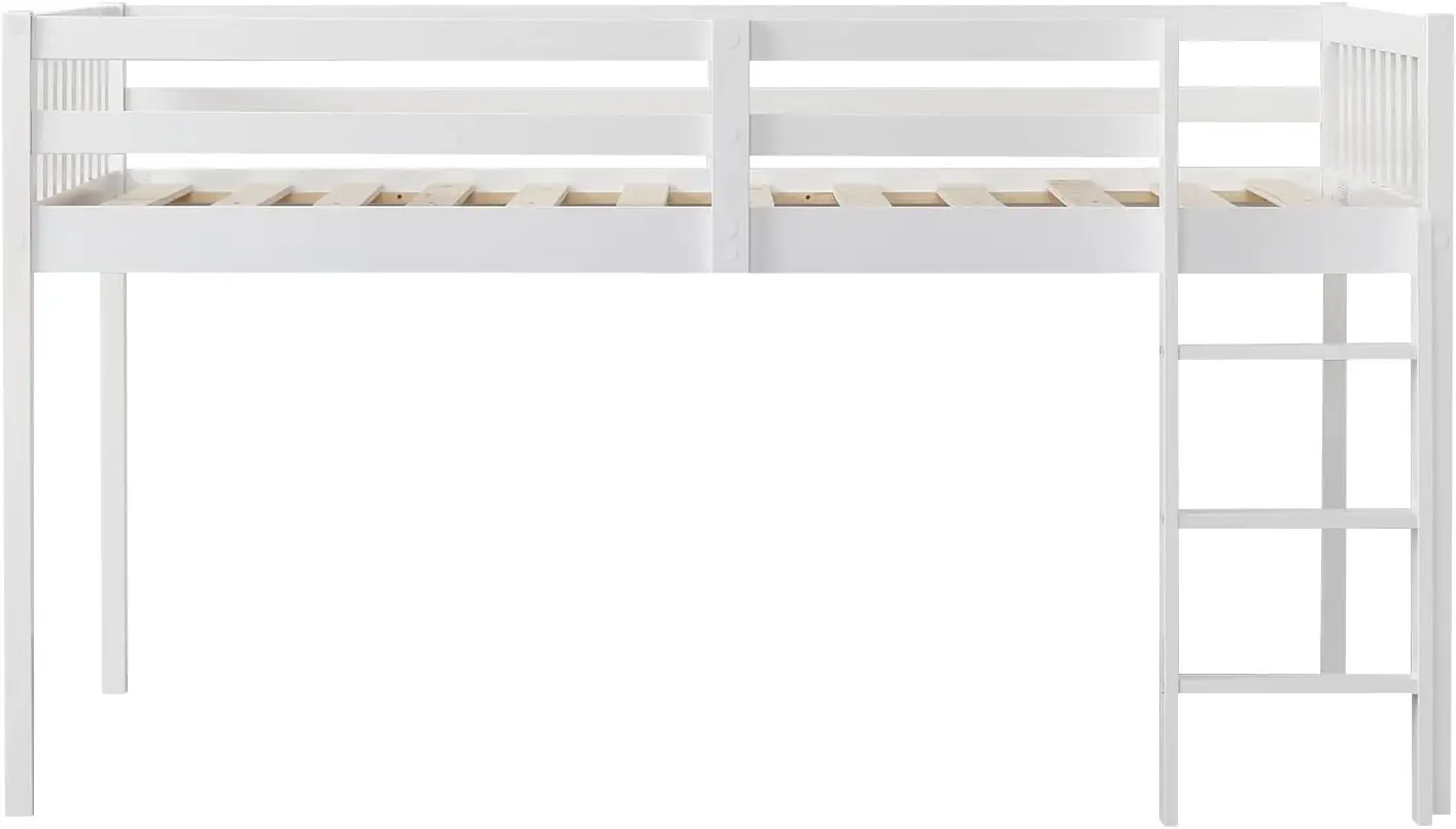 Twin Loft Bed Low Loft Bed Frame for Little Kids Small Room/Low Ceiling Bedrrom with Guardrail and Ladder, White