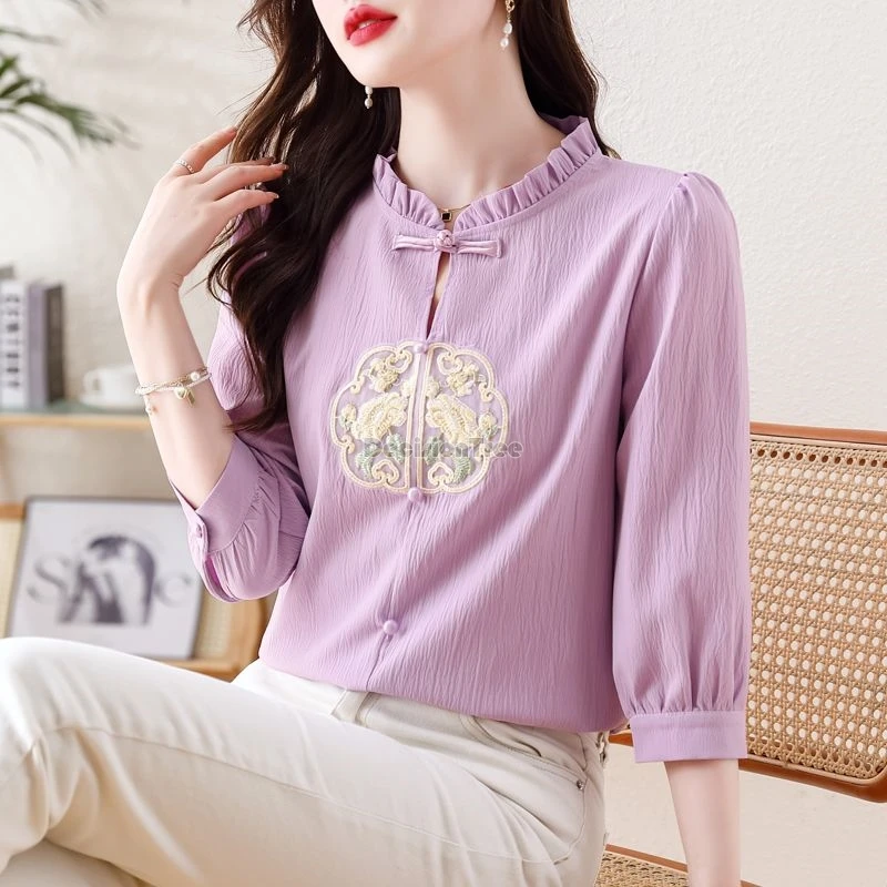 

2024 chinese style daily improved tang suit top elegant embroidery leisure loose blouse fashion design sense versatile lady top