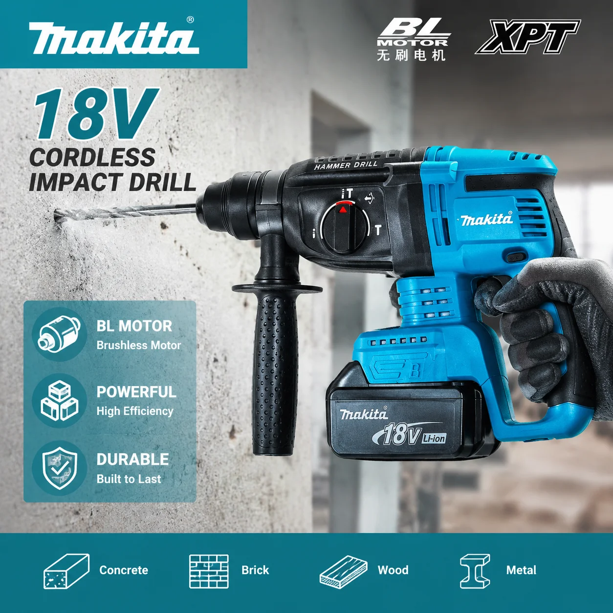 

Makita Battery 18V Replacement For Makita DHR242 SDS Plus Rotary Hammer 24mm 3-Mode Impact Drill Concrete Power Tool