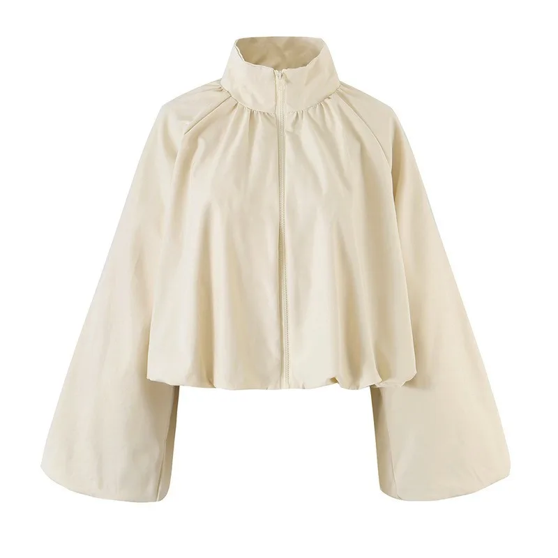 Autumn Fashion EuropeanAmerican Style Women Clothing Urban Fashion Puffed Sleeves Lapel Zipper Short Loose Pleated Flight Jacket