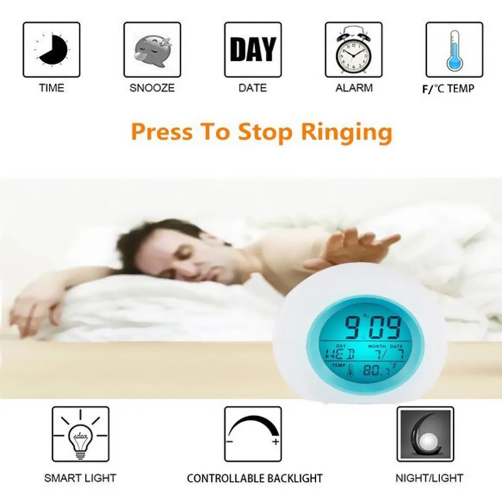 7 Colors Changing LED Alarm Clock Temperature Display with Sleep Sounds Multifunctional Desk Clock Touch Control