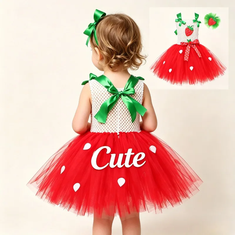 

Red Strawberry Princess Dress Tulle Tutu Dress Sweet Bow Lace Pageant Gown Stage Performance Costume Festival Party Dance Dress