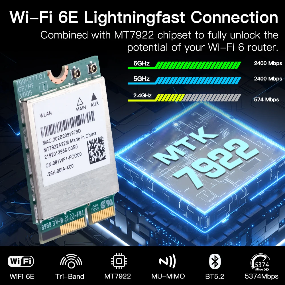 WiFi 6E MT7922 scheda Wireless M.2 5374Mbps Bluetooth 5.2 adattatore di rete 802.11ax 2.4G/5G/6GHz MediaTek MT7922 MU-MIMO Win 10 11