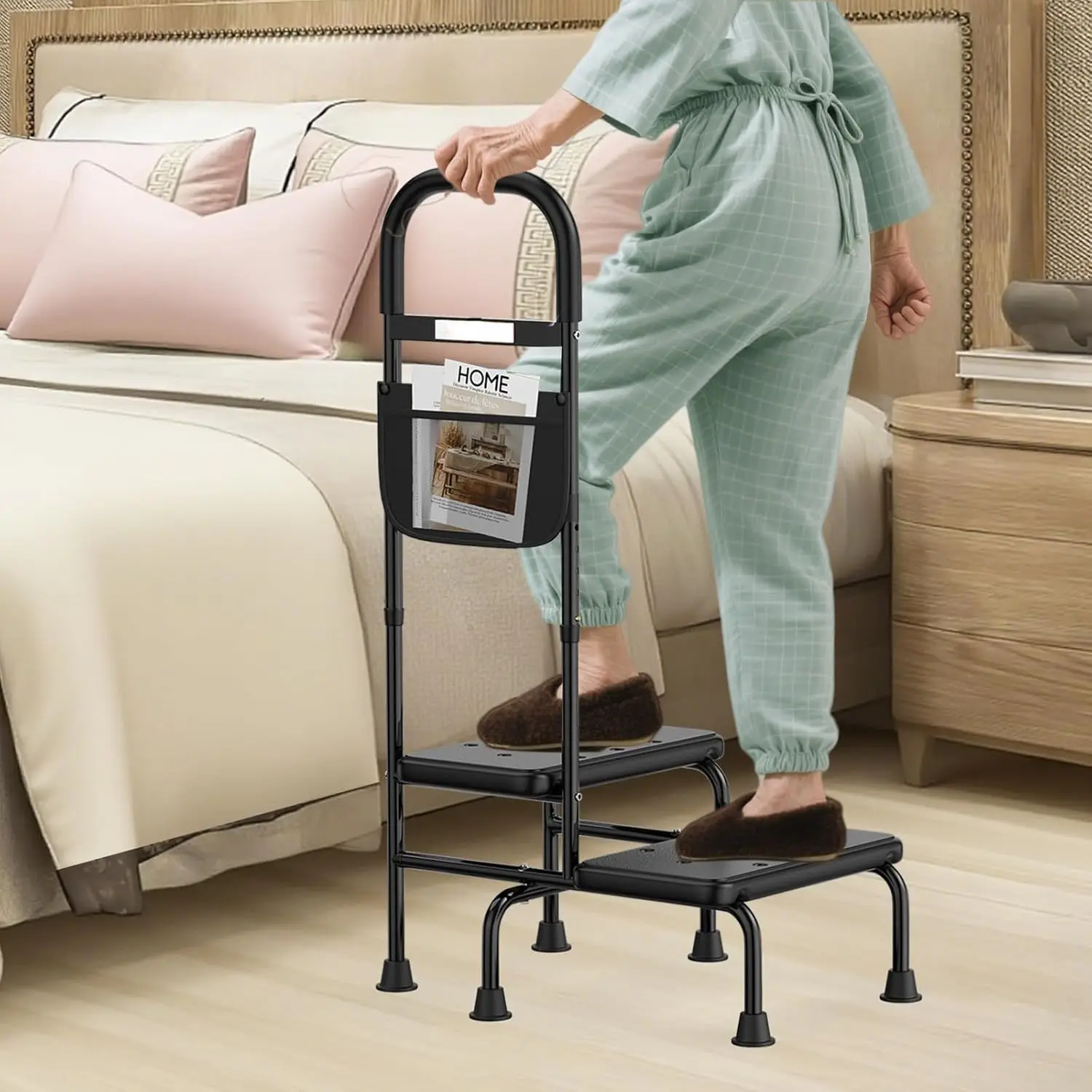 

Heavy Duty 2 Step Stool with Adjustable Handrail, Non-Skid Platform & LED Light for Elderly and Adults