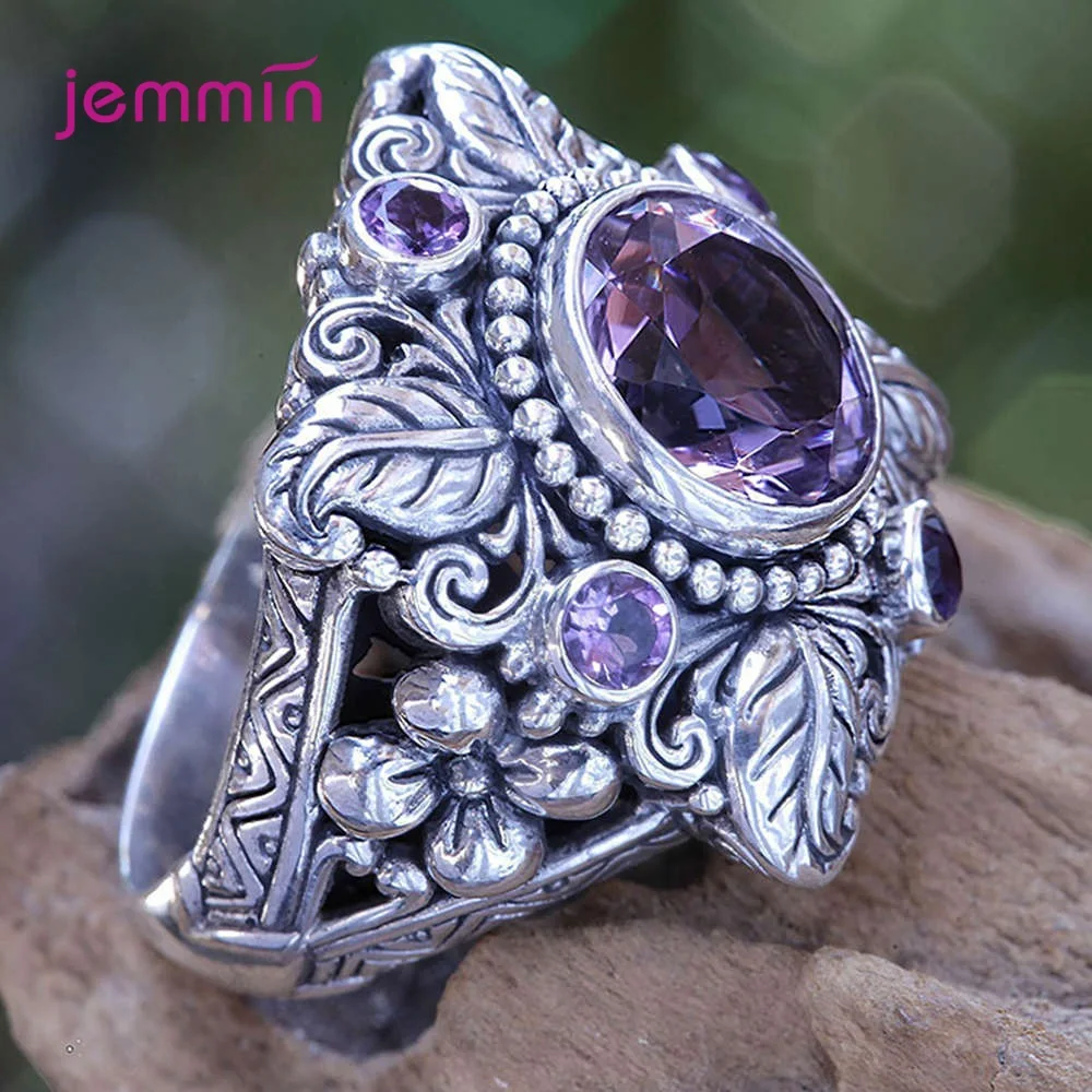 Punk Style Vintage 100% kwiat 925 srebro okrągły naturalny ametyst ślubne pierścionki zaręczynowe dla kobiet Fine Jewelry