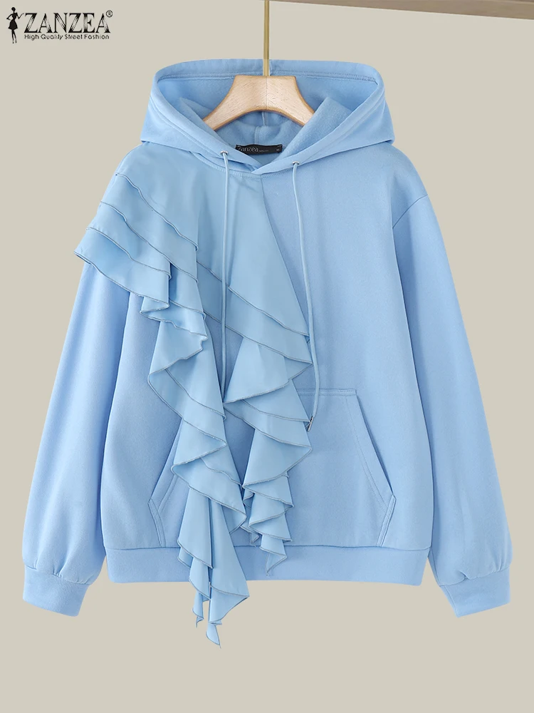 ZANZEA ผู้หญิง Ruffled Edge เสื้อ 2024 ฤดูใบไม้ร่วงของแข็ง Pullovers ง่าย Hooded จัมเปอร์เกาหลีสไตล์แขนยาว Hoodies