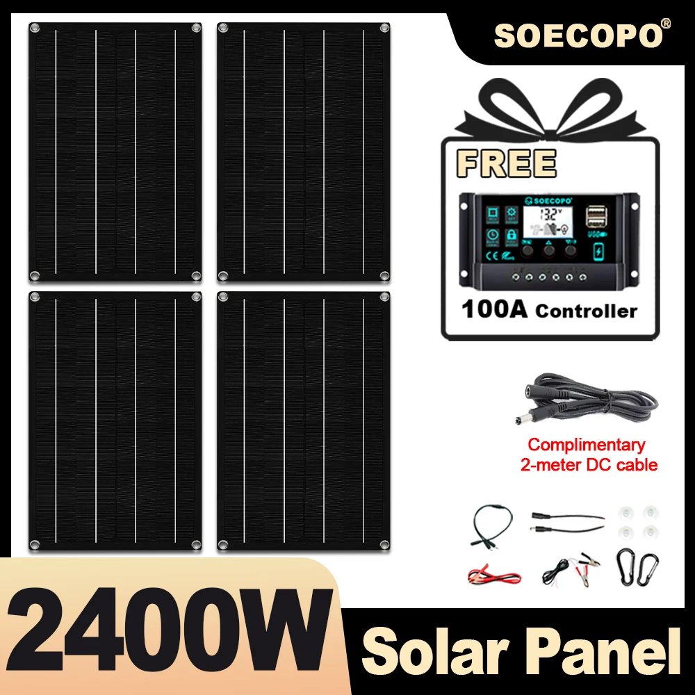 SOECOPO 2400W Portable Solar Panel Kit - 4*600W Solar Panels Free 100A Controller Dual USB 5V for Powering Camping Photovoltaic