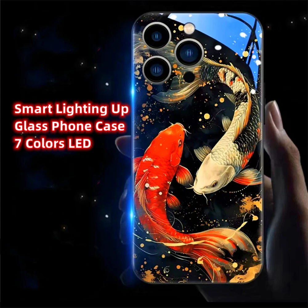 

Carp Bringing Good Luck LED Light Glow Luminous Glass Phone Cases For Samsung S24 S23 S22 S21 S20 FE Note 10 20 Plus Ultra A54