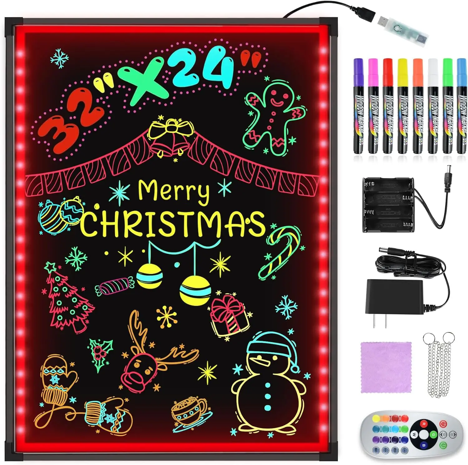 32x24 Inch LED Message Board with 16 Colors & Markers, Erasable Neon Sign for Restaurants and Holidays