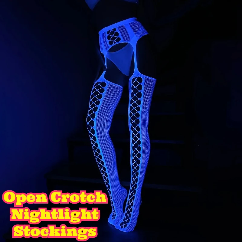 

Glow in Dark Black Fishnet Lace Sheer Suspender Stockings Open Crotch Anti Slip Integrated Strap Sexy Hollow Transparent Night