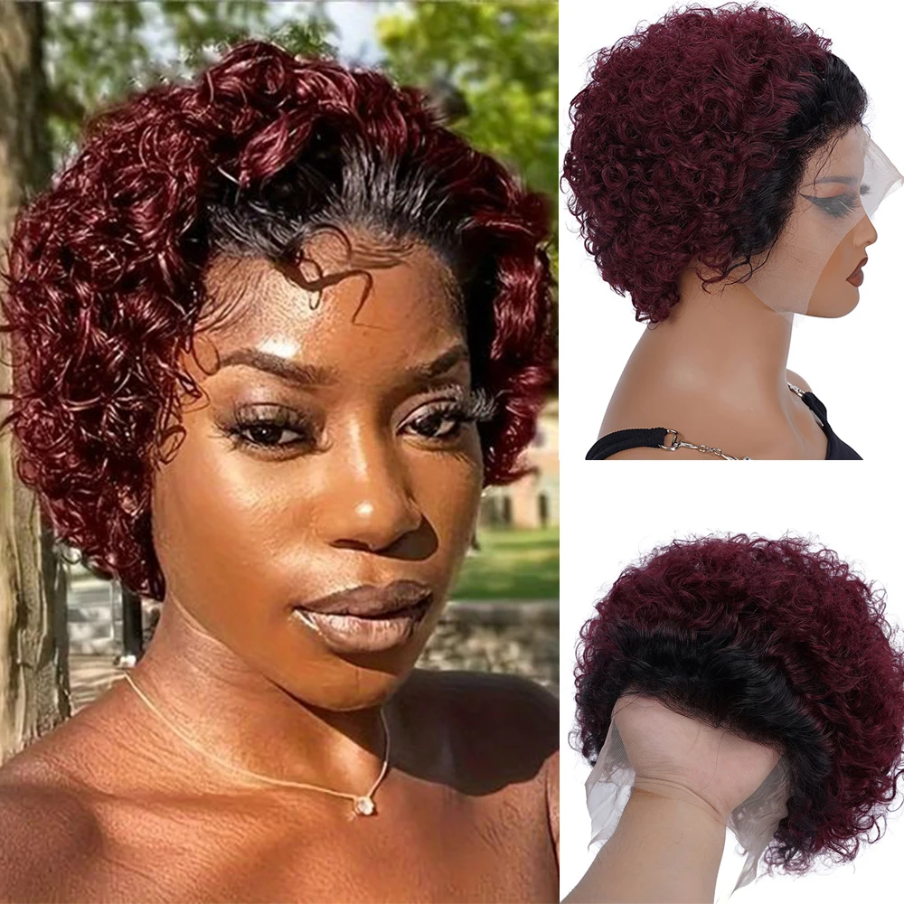 Ginger 350 Pixie Cut Wig Curly Lace Front Wigs 13x1 Short Curly Lace Front Wigs Human Hair 150% Density Transparent Lace Pixie H