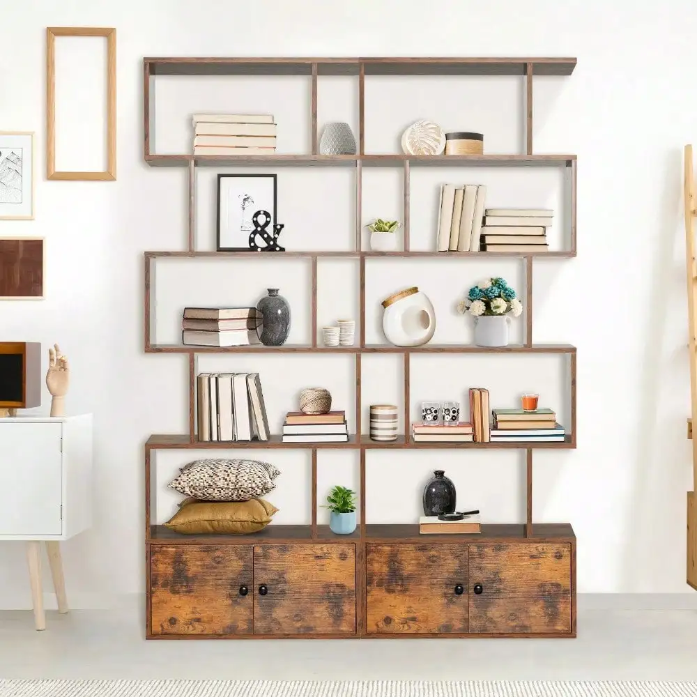 

2PCS 6-Tier S-Shaped Bookcase Storage Rack Bookshelf w/Cabinet Coffee