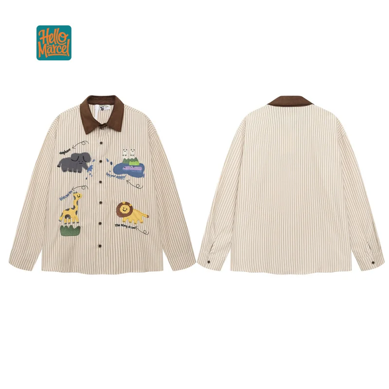 

HELLOMARCEL EU US Size Cartoon Cute Animal Embroidered Striped Long-Sleeve Men Women Autumn Loose Casual Couple Shirt